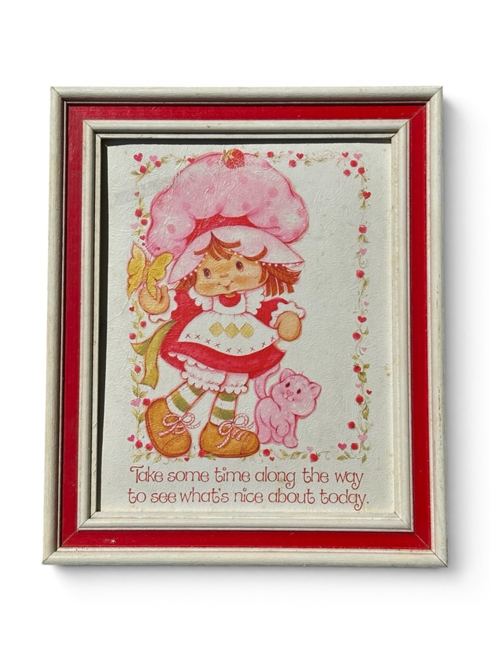 Vintage Strawberry Cake Original Framed Print Custard Butterfly 1980 AGC